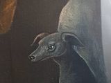 a painting of a dog that is sitting in front of a window