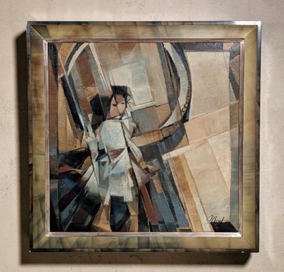 a painting on the wall of a room with a picture of a woman