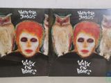 two paintings of a woman with red hair and owls on her head