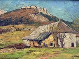 an oil painting of a barn in a field with a mountain in the background