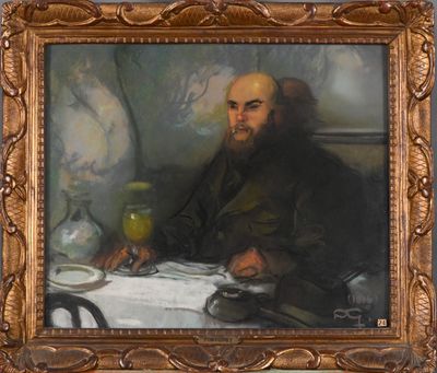 painting of a bearded man sitting at a table with a glass of wine