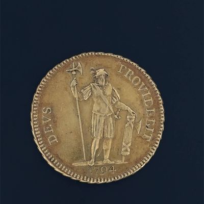 an image of a gold coin with a man holding a flag on it