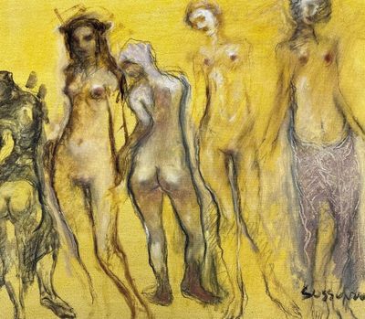 tableau représentant un groupe de nus debout les uns à côté des autres sur un fond jaune