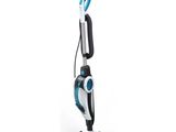 a blue and white steam mop with a black handle