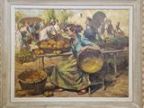 une peinture à l'huile représentant une femme vendant des fruits sur un marché