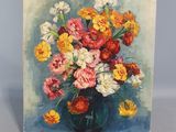 an oil painting of a vase of flowers on a table