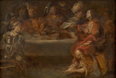 une image d'un tableau représentant un groupe de personnes assises autour d'une table