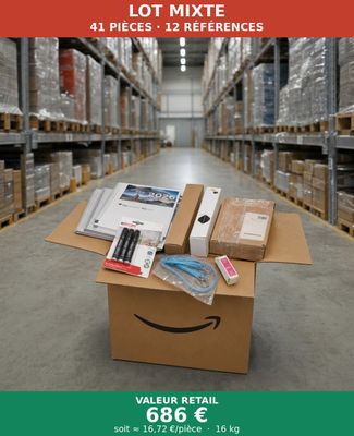an amazon box filled with packages sitting on top of a warehouse floor