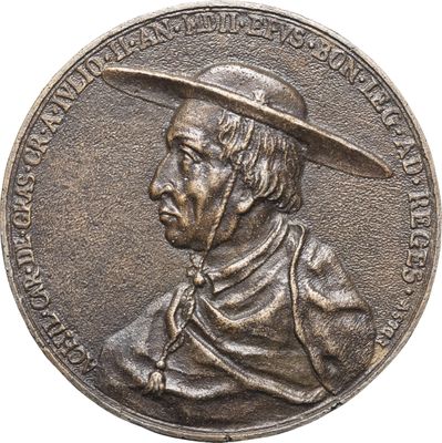 une image représentant une médaille de bronze sur laquelle figure un homme coiffé d'un chapeau