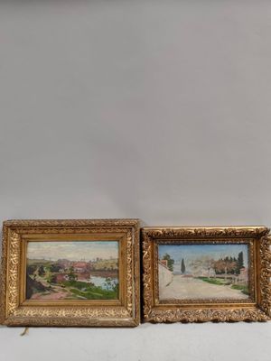 deux tableaux encadrés représentant un paysage et une route