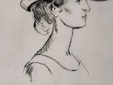 drawing of a woman wearing a hat with a ribbon around her neck