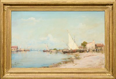 une peinture à l'huile représentant un voilier sur l'eau, près d'une plage