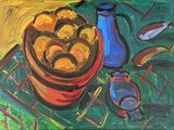 un tableau représentant un bol d'oranges posé sur une table