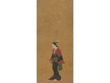 a painting of a woman in a kimono robe holding a fan