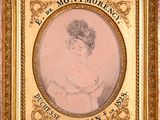 an old picture of a woman in a dress in a gold frame