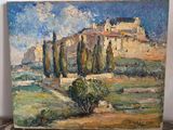 une peinture à l'huile représentant une maison sur une colline, avec des arbres au premier plan