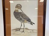 painting of a bird on display in a wooden frame on a table