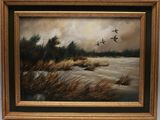 une peinture à l'huile représentant une volée d'oiseaux survolant une rivière