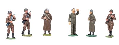 five figurines of men dressed in military uniforms