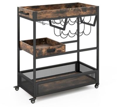 a metal and wood serving cart with two baskets on wheels