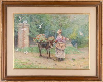 M. Loire "La jeune femme à l'âne fleuri aux colombes" aquare…