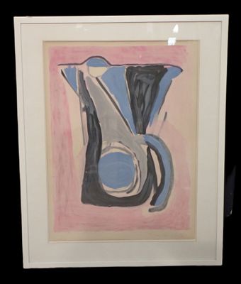 peinture représentant un vase orné d'un motif bleu et noir, dans un cadre blanc