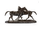 statue représentant deux chevaux galopant sur un rocher, sur fond blanc