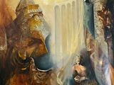 une peinture à l'huile représentant un homme et une femme assis devant un bâtiment