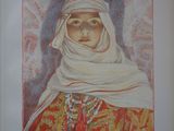 une vieille photo d'une femme portant un foulard blanc sur la tête