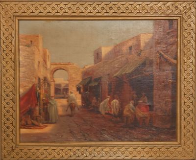 painting of a street scene with a horse drawn carriage in the foreground and a horse drawn carriage in the foreground
