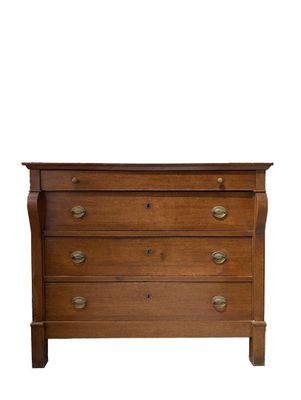 a wooden chest of drawers with brass pulls and drawers