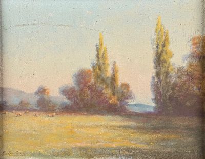 peinture représentant un champ avec des arbres et des moutons qui paissent au loin