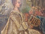 an oil painting of a woman sitting in a chair with a basket of flowers