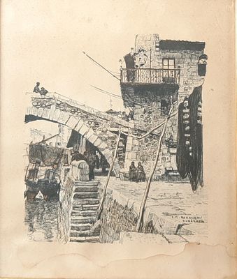 drawing of an old picture of a building with a fire truck parked in front of it