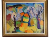 an oil painting of a landscape with trees and a hill in the background