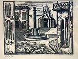 a black and white drawing of a street with a fountain