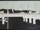 un dessin en noir et blanc représentant un pont d'autoroute