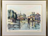 a watercolor painting of a village by a river