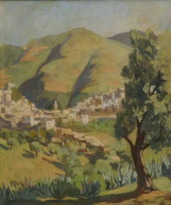 une image d'un tableau représentant un village de montagne