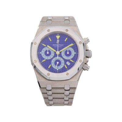 an image of a silver watch with a blue dial on a white background