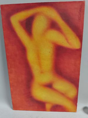une photo d'un tableau représentant une femme nue sur fond rouge