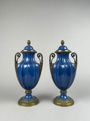 une paire de vases bleus munis d'anses, posés sur des socles, sur une surface blanche