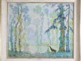painting of a bird in a misty forest by a lake