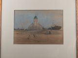 framed picture of a painting of a beach scene with a lighthouse in the background
