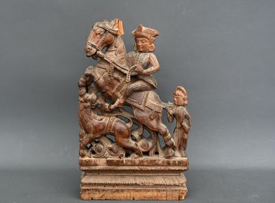 Cavalier suivi de son serviteur, monté sur un cheval dressé …