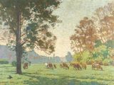 un tableau représentant un troupeau de chevaux paissant dans un champ