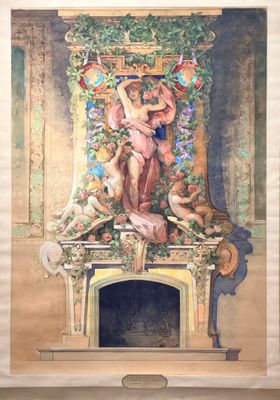 un tableau accroché au mur d'une pièce dotée d'une cheminée