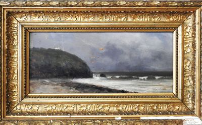 an image of a painting of a beach scene in a gold frame