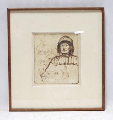 painting of a woman in a hat and scarf in a wooden frame