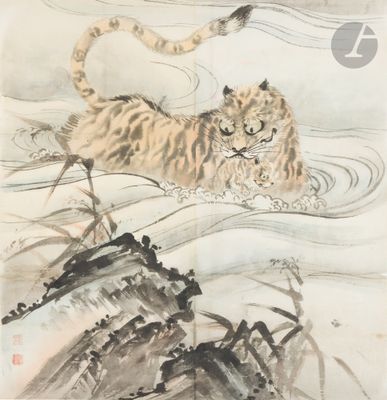 une image représentant un tableau où l'on voit un tigre nager dans un plan d'eau